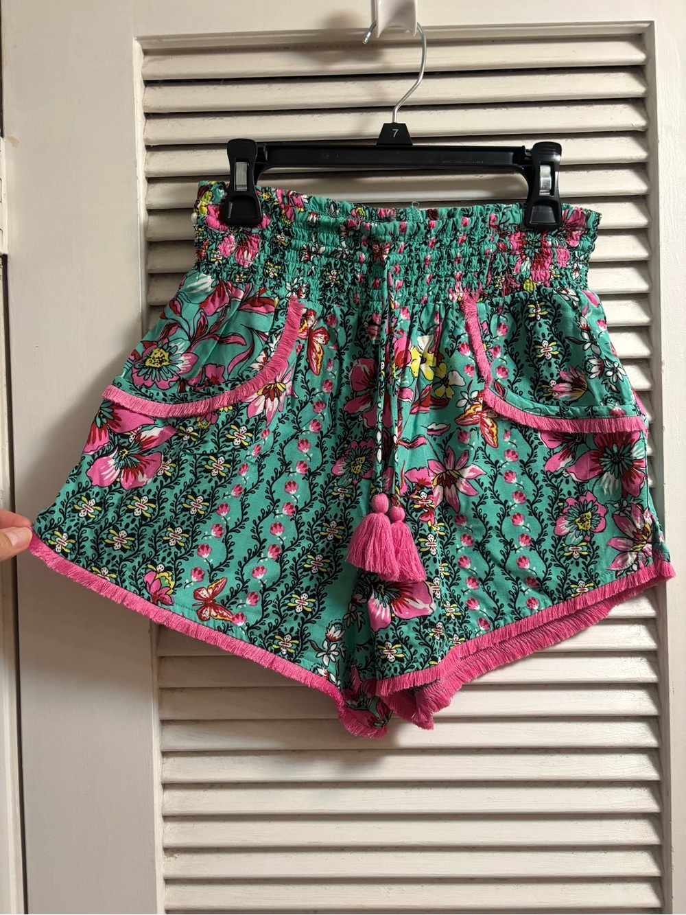 Teal Floral High-Waist Shorts with Pink Trim and Tassel